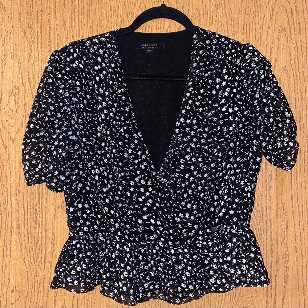 All Saints black and white floral cross crop top
